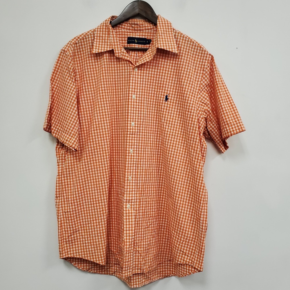 Ralph Lauren Mens Preppy Short Sleeve Button Shirt Size XL Orange Plaid Collared